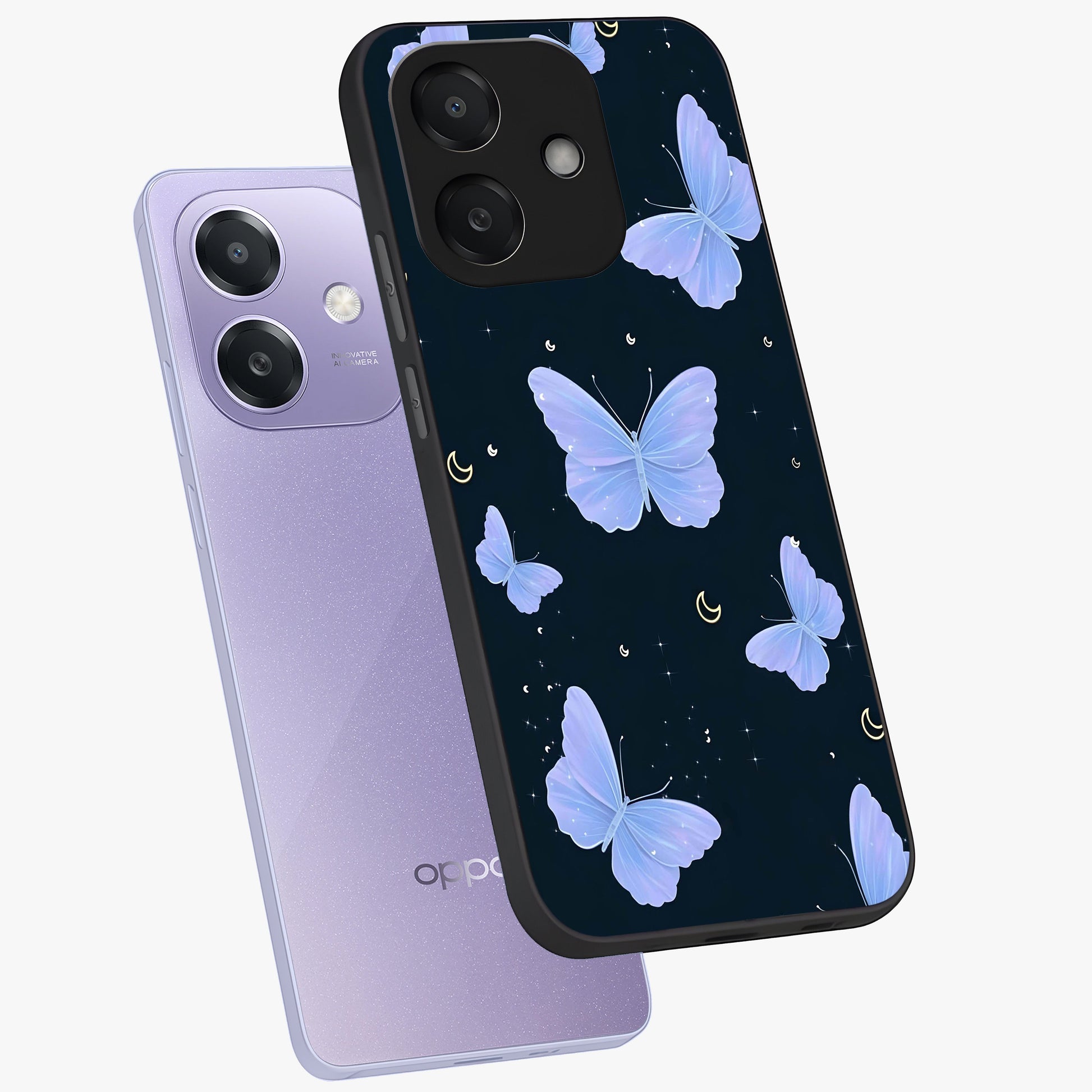 Butterfly With Stars Pattern Glass Case displayed in angled mockup highlighting dreamy butterfly and star design with aesthetic theme.