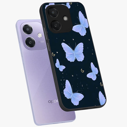 Butterfly With Stars Pattern Glass Case displayed in angled mockup highlighting dreamy butterfly and star design with aesthetic theme.