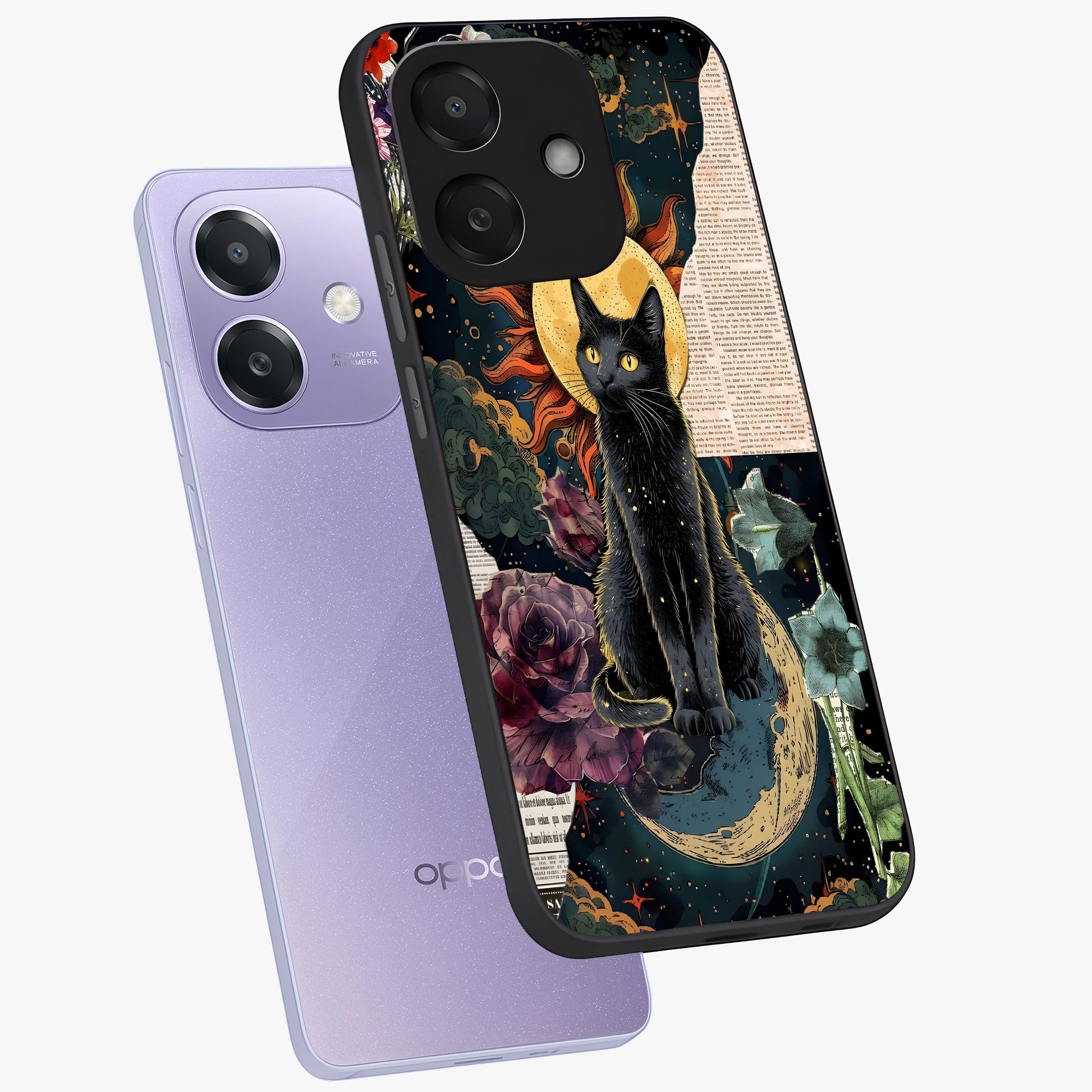 Celestial Black Cat Glass Case displayed in angled mockup highlighting cosmic black cat design with celestial aesthetic.