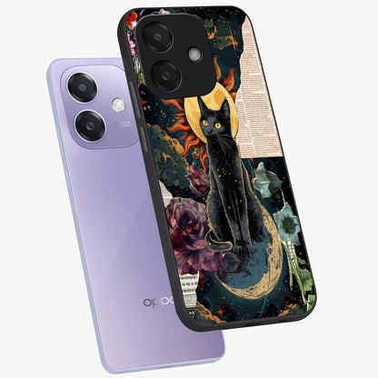 Celestial Black Cat Glass Case displayed in angled mockup highlighting cosmic black cat design with celestial aesthetic.