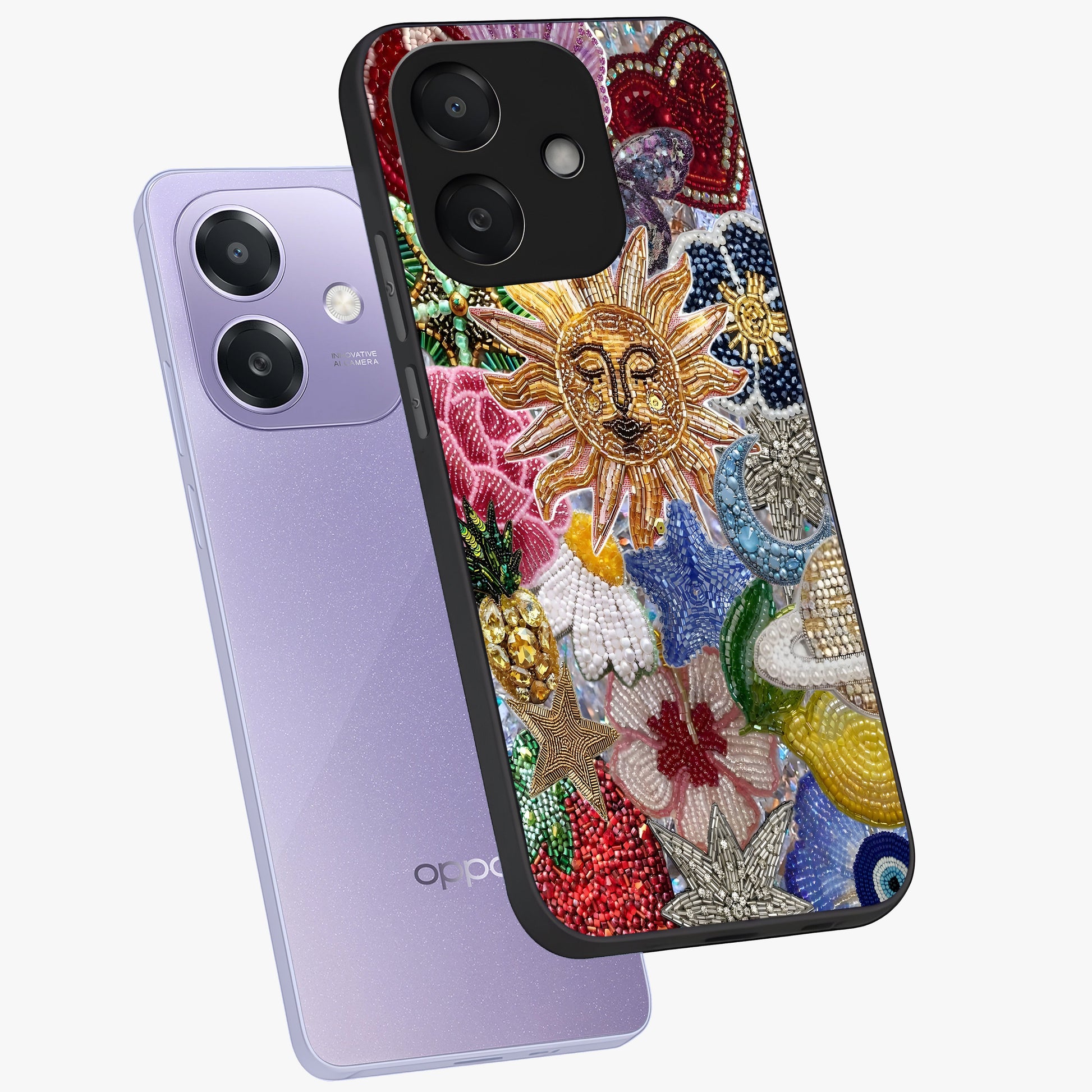 Celestial Floral and Playful Glass Case displayed in angled mockup highlighting playful floral design with dreamy celestial elements.