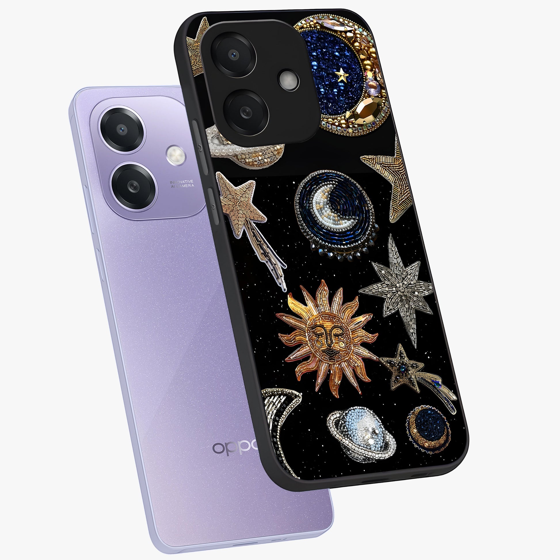 Celestial Gem Constellations Glass Case displayed in angled mockup highlighting gemstone inspired constellation design.