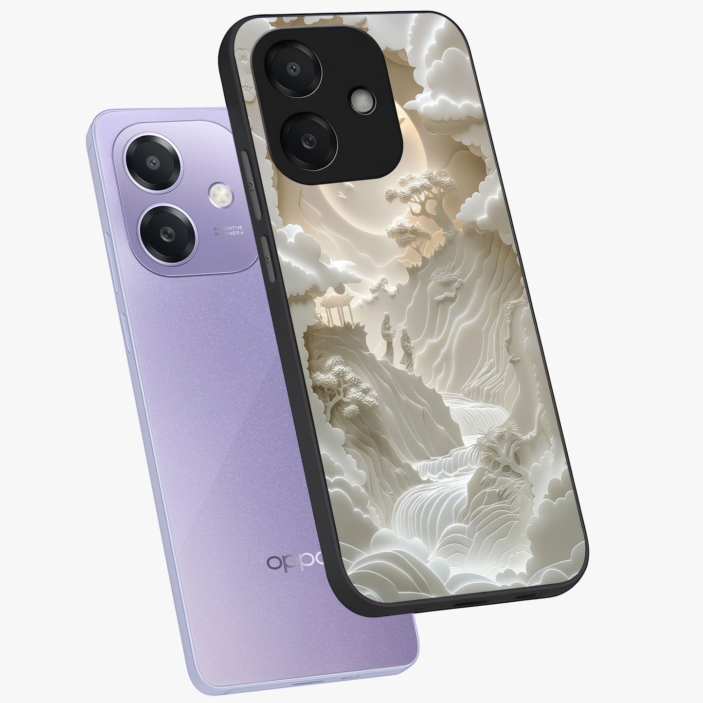 Celestial Origami Glass Case displayed in angled mockup highlighting geometric origami design with cosmic aesthetic theme.