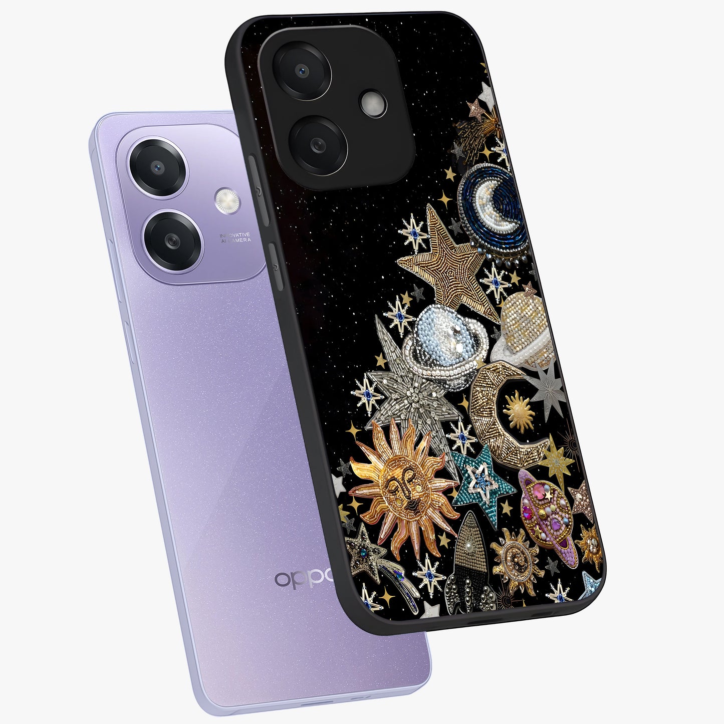 Cosmic Sparkle Dreams Glass Case displayed in angled mockup highlighting dreamy star sparkle design with celestial aesthetic.