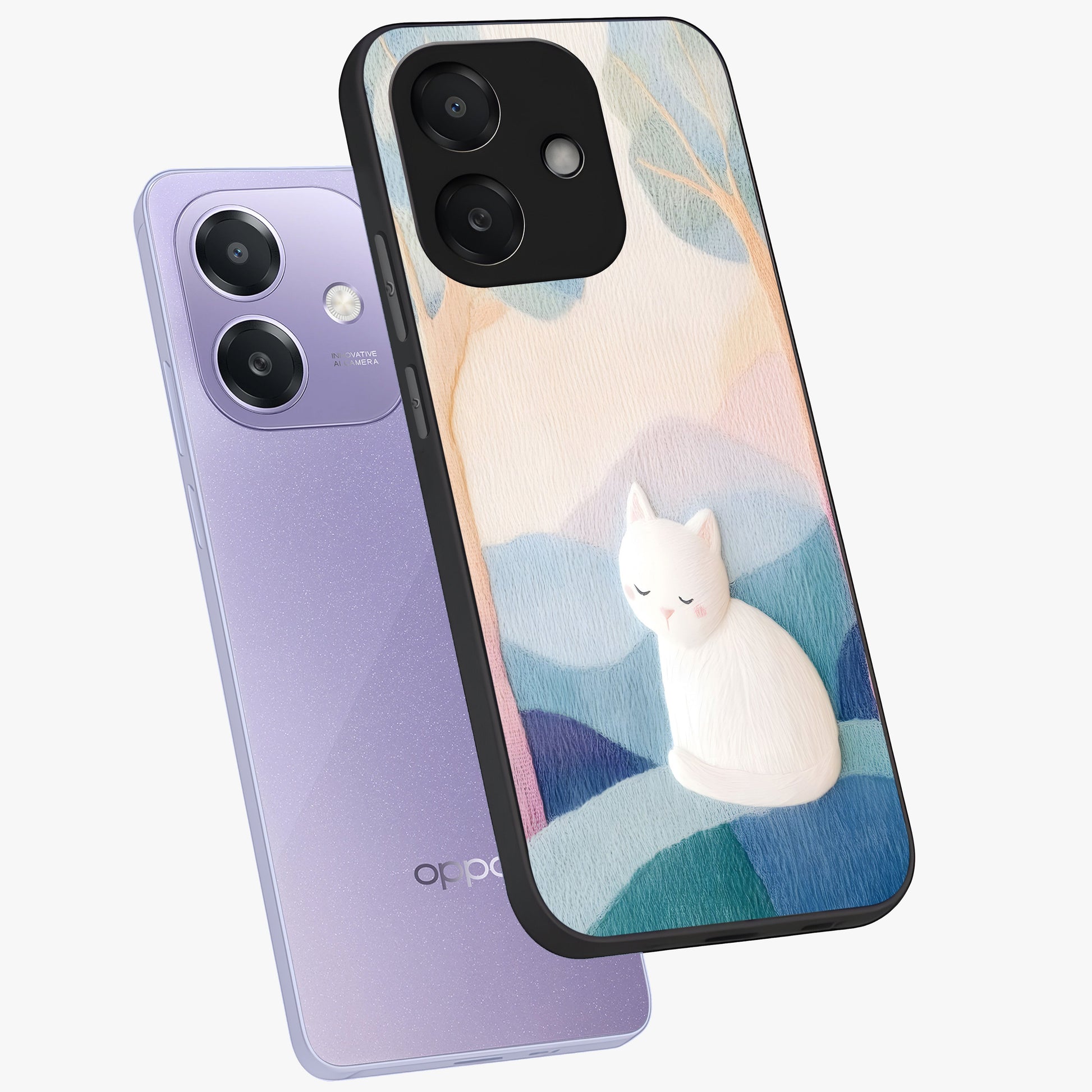 Cotton Dream Cat Glass Case displayed in angled mockup highlighting cute feline illustration with pastel aesthetic style.