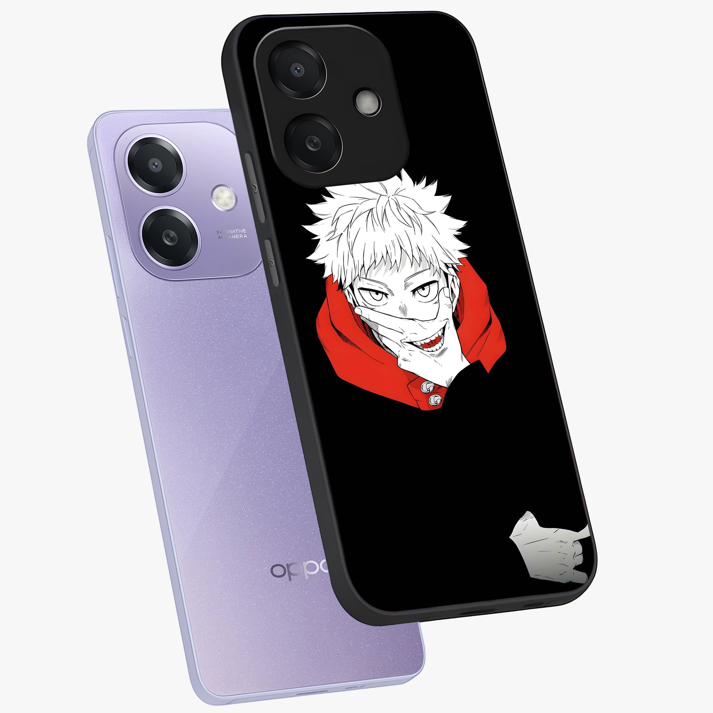 Crimson Chaos Smile Glass Case displayed in angled mockup highlighting edgy crimson smile design with graphic aesthetic.