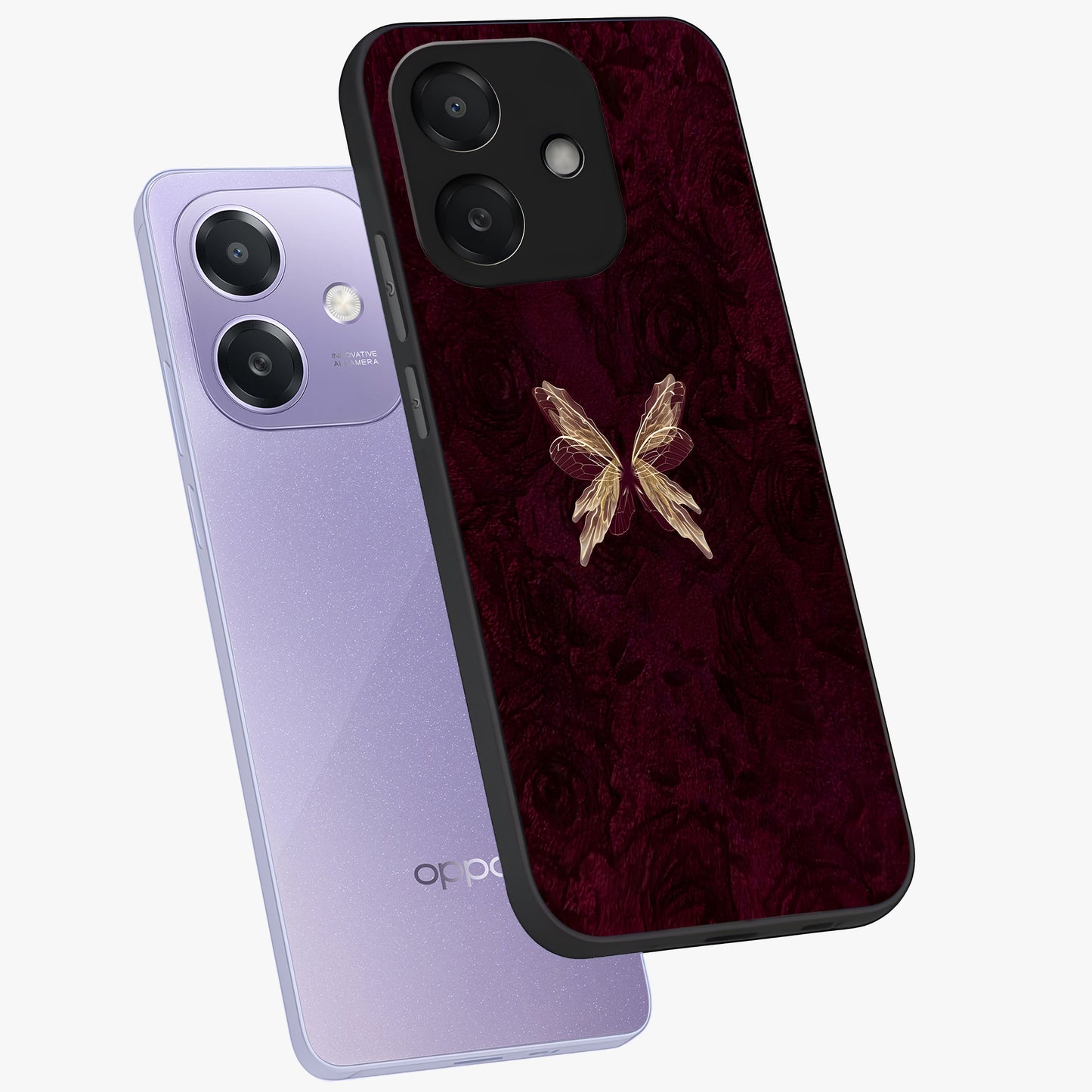Crimson Fade Butterfly Glass Case displayed in angled mockup highlighting elegant butterfly design with crimson gradient aesthetic.