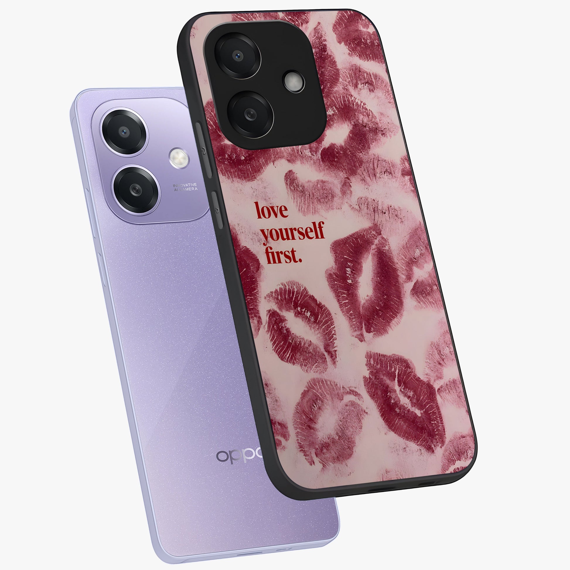 Crimson Kiss Love Glass Case displayed in angled mockup highlighting bold love inspired design with modern aesthetic style.