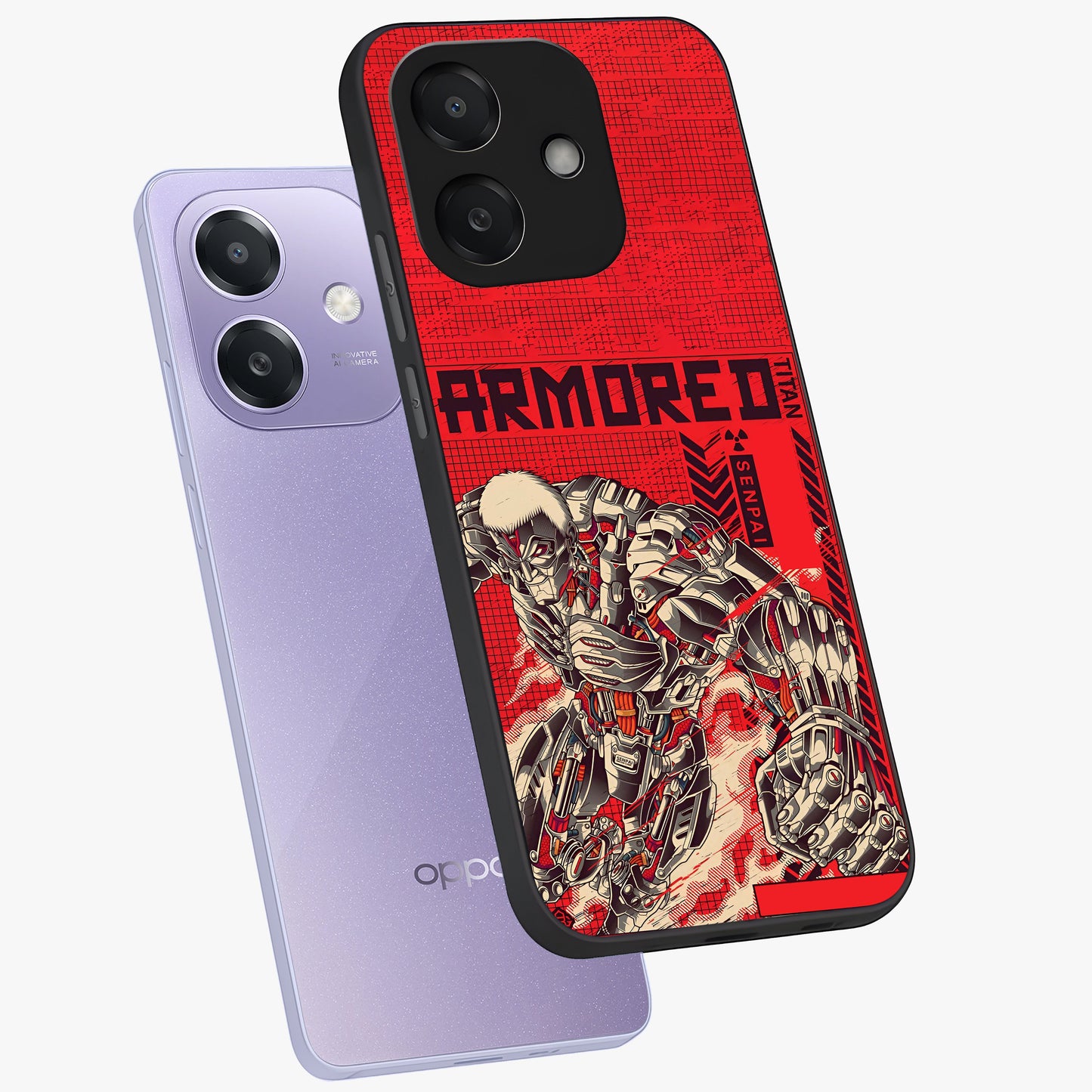 Crimson Mecha Titan Glass Case displayed in angled mockup highlighting futuristic mech illustration with bold crimson aesthetic.