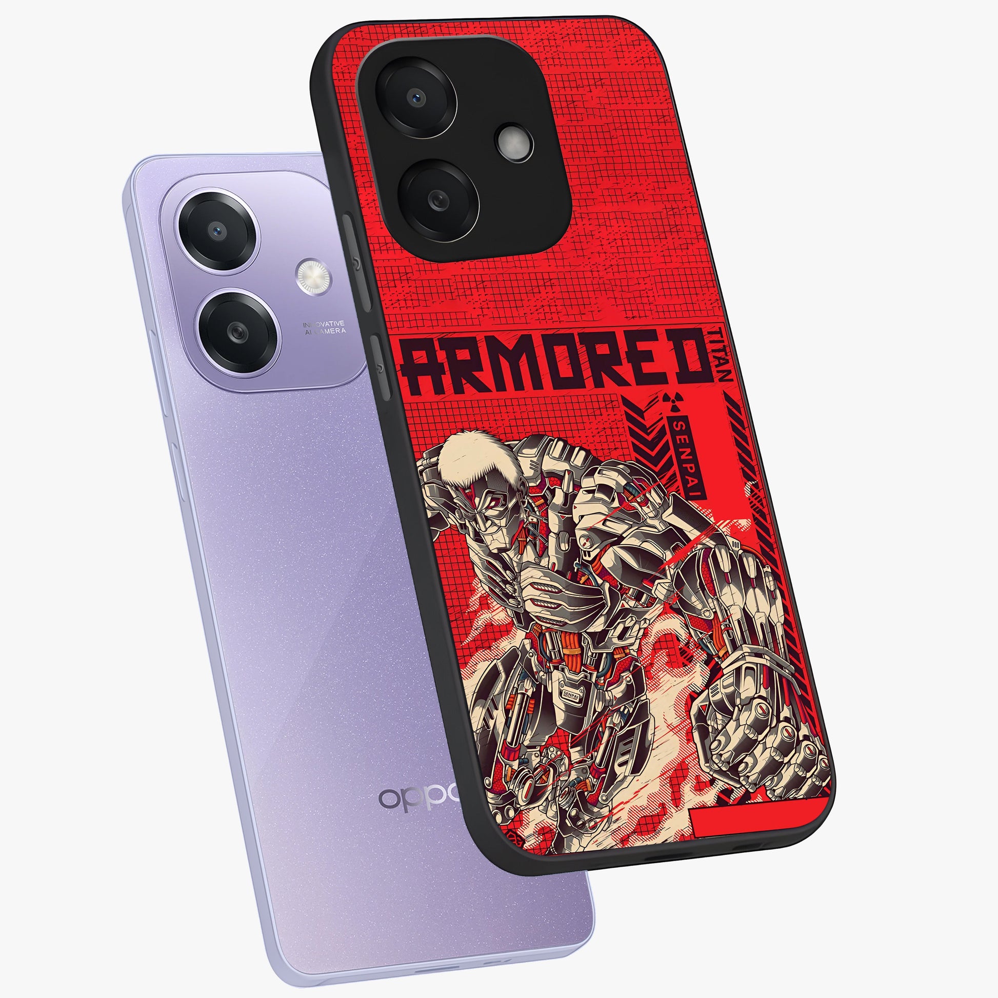 Crimson Mecha Titan Glass Case displayed in angled mockup highlighting futuristic mech illustration with bold crimson aesthetic.