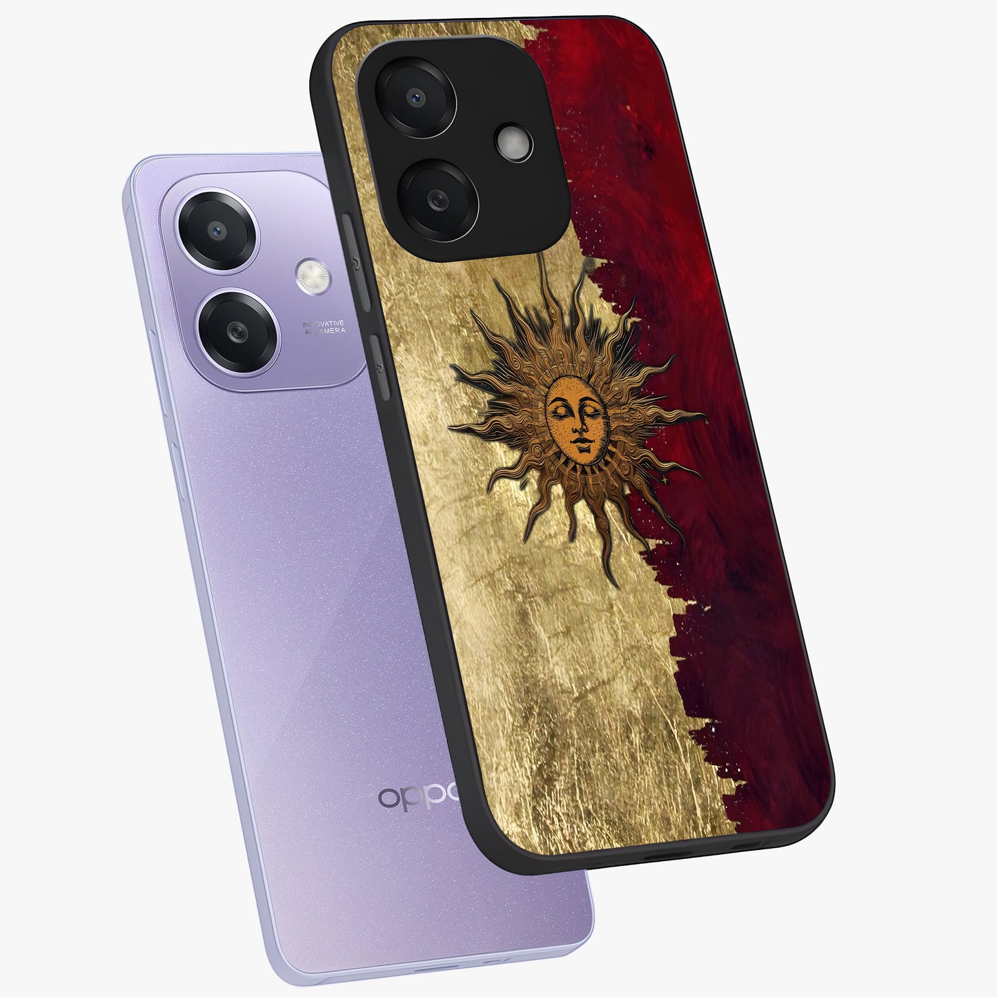 Crimson Sun Majesty Glass Case displayed in angled mockup highlighting majestic crimson sun design with bold aesthetic style.
