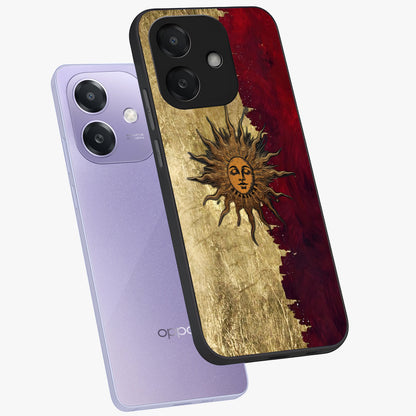 Crimson Sun Majesty Glass Case displayed in angled mockup highlighting majestic crimson sun design with bold aesthetic style.