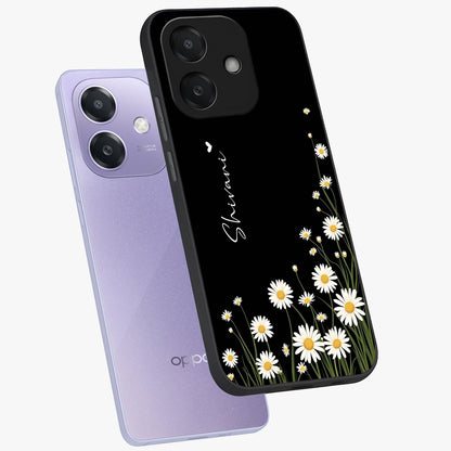 Daisy Cascade Custom Name Glass Case displayed in angled mockup highlighting delicate daisy artwork with custom name feature.