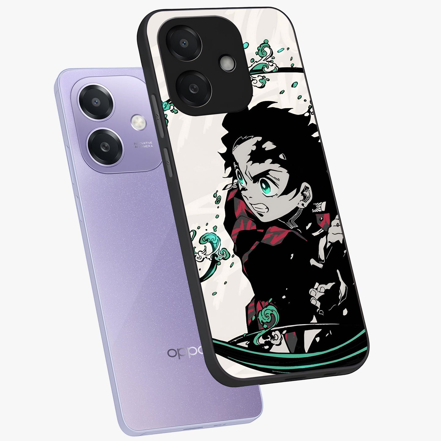 Demon Slayer Glass Case displayed in angled mockup highlighting dramatic anime character design with action aesthetic.