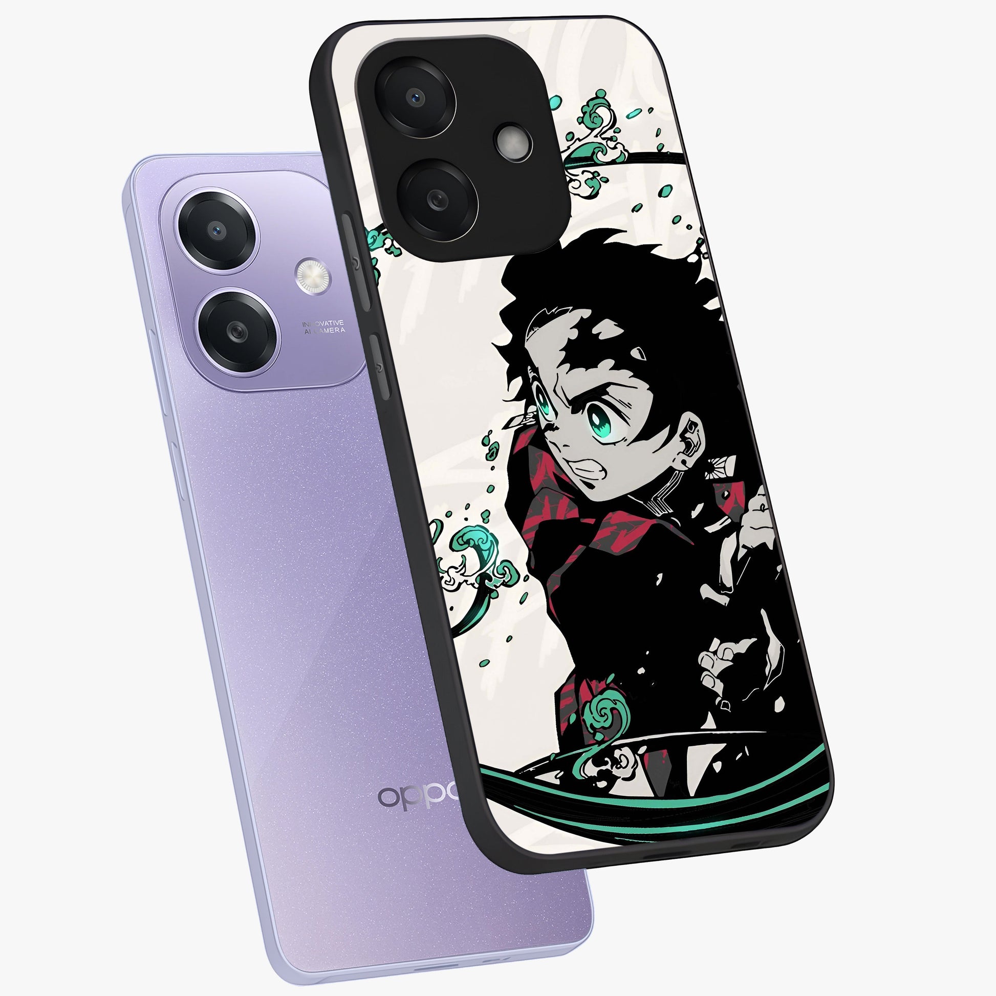 Demon Slayer Glass Case displayed in angled mockup highlighting dramatic anime character design with action aesthetic.