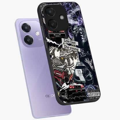 Die Young Glass Case displayed in angled mockup highlighting expressive graphic artwork with edgy aesthetic style.