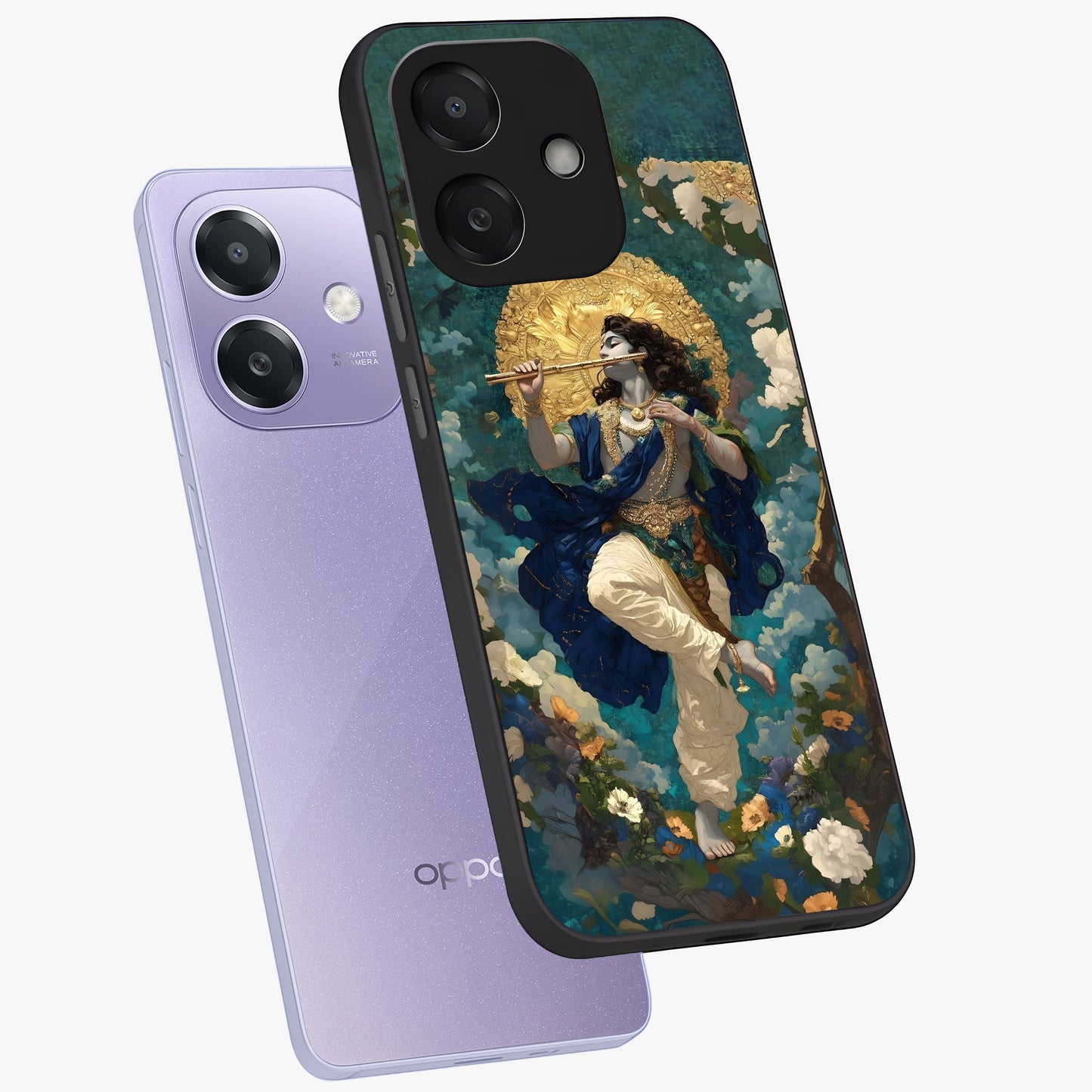 Divine Krishna Art Glass Case displayed in angled mockup highlighting spiritual Krishna illustration with devotional aesthetic.