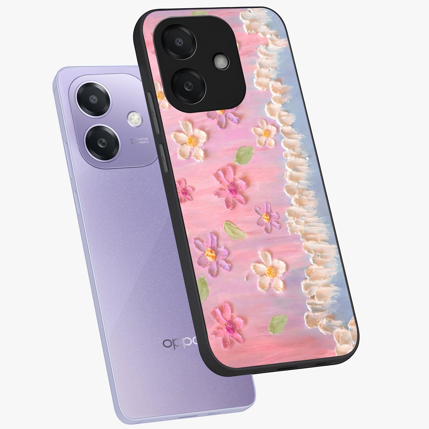 Dreamy Painted Garden Glass Case displayed in angled mockup highlighting colorful garden illustration with dreamy aesthetic style.