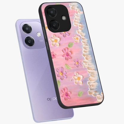 Dreamy Painted Garden Glass Case displayed in angled mockup highlighting colorful garden illustration with dreamy aesthetic style.