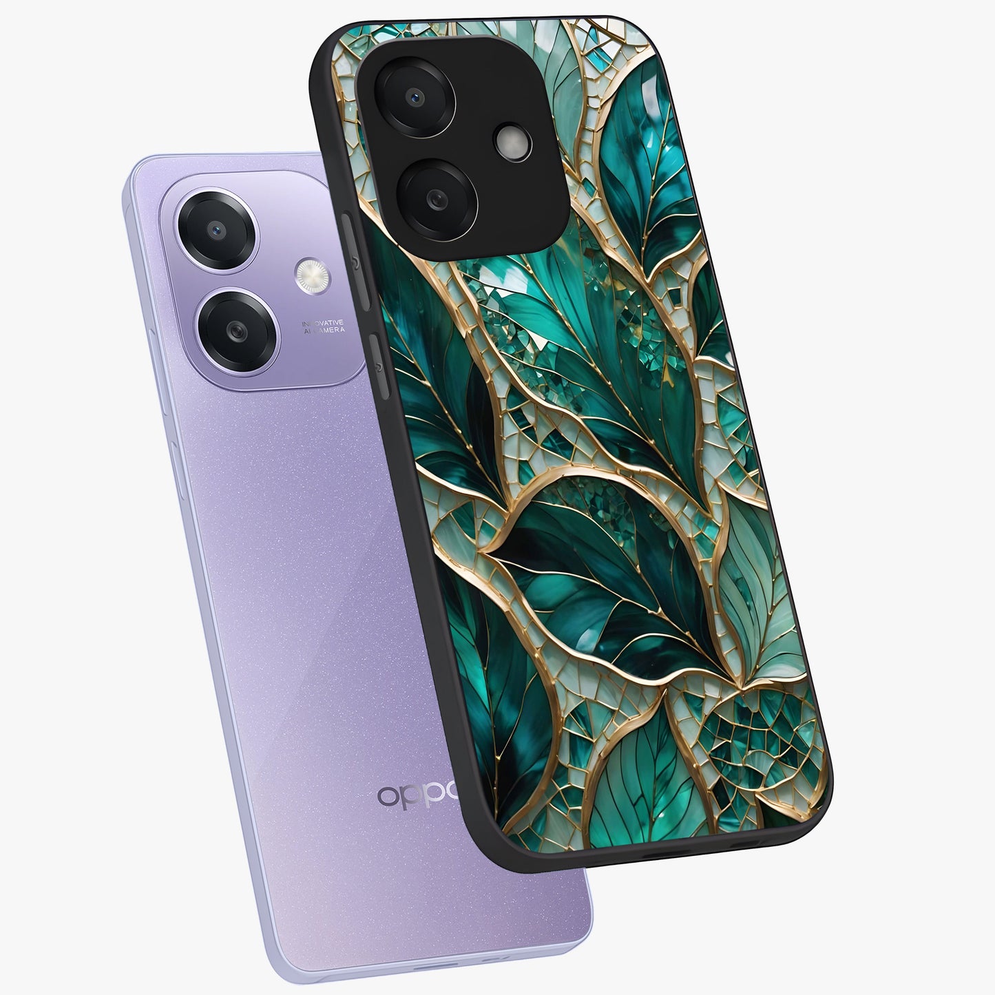 Emerald Leaf Glass Glass Case displayed in angled mockup highlighting botanical leaf illustration with elegant natural aesthetic.