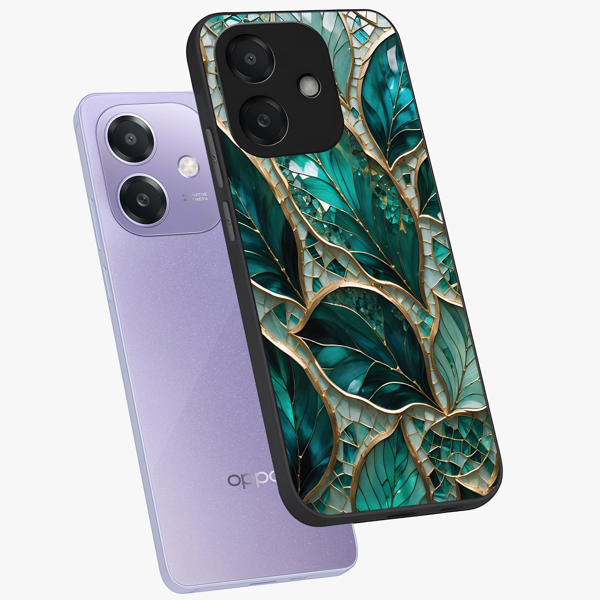 Emerald Leaf Glass Glass Case displayed in angled mockup highlighting botanical leaf illustration with elegant natural aesthetic.
