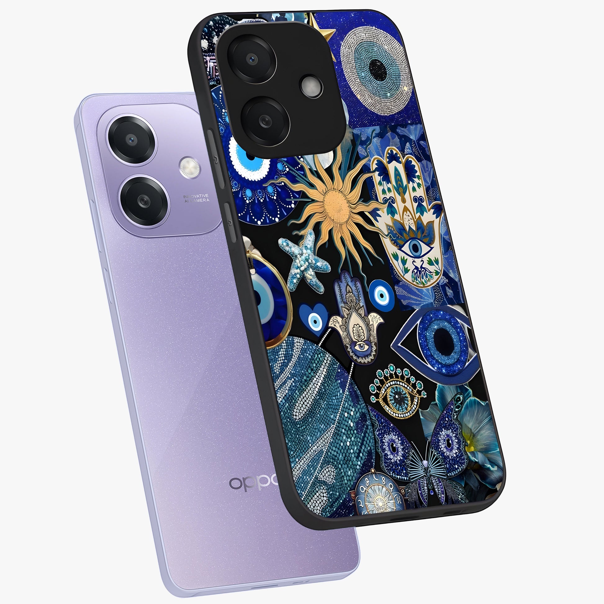 Evil Eye Charm Mix Glass Case displayed in angled mockup highlighting protective evil eye symbols with spiritual aesthetic design.