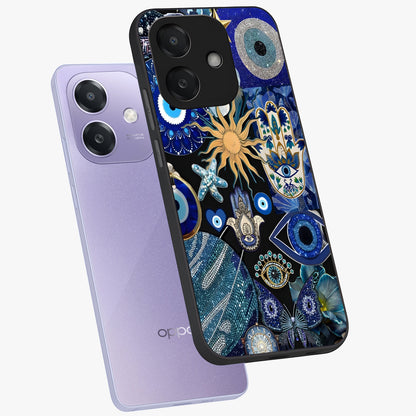 Evil Eye Charm Mix Glass Case displayed in angled mockup highlighting protective evil eye symbols with spiritual aesthetic design.