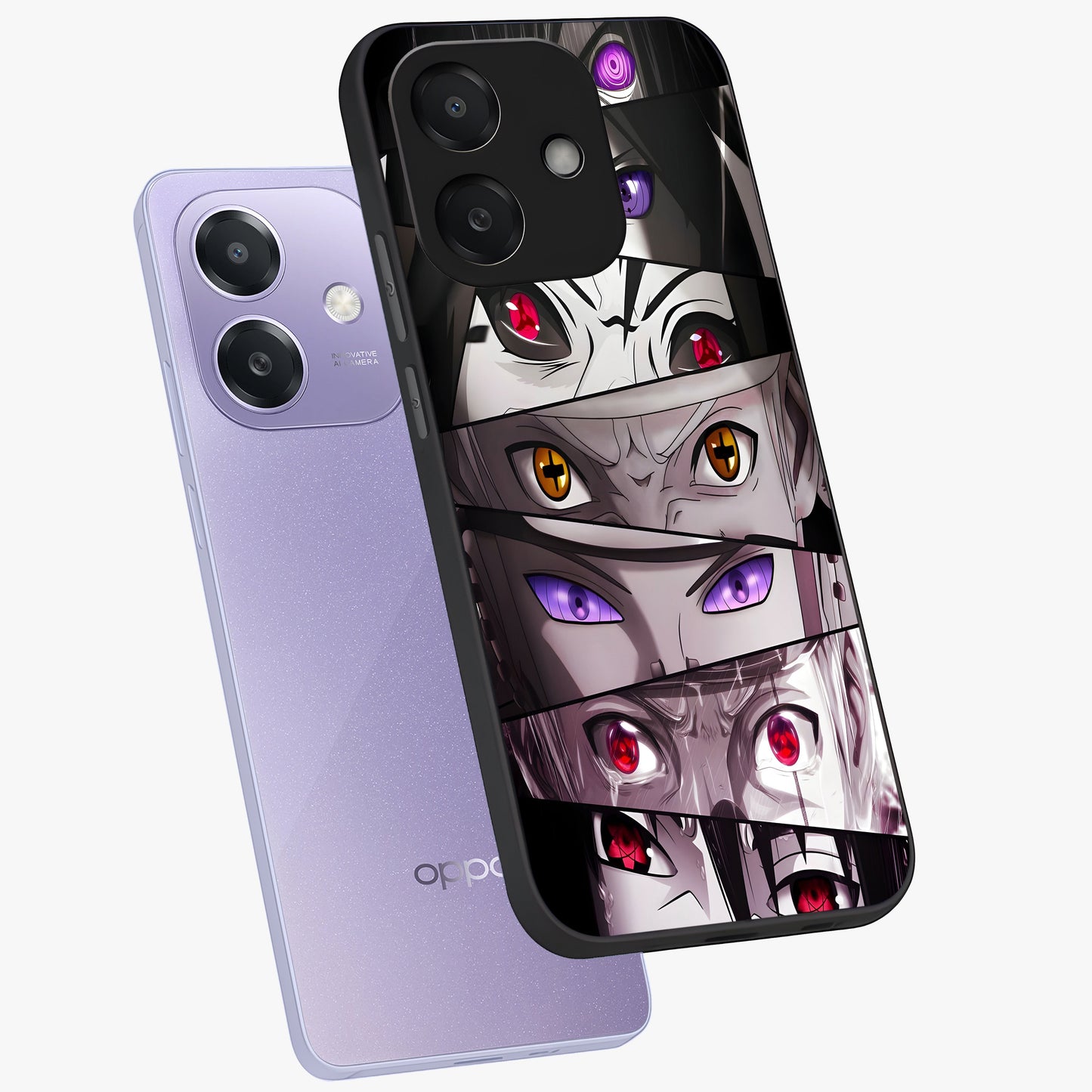 Eyes of Destiny Glass Case displayed in angled mockup highlighting bold eye illustration with mystical aesthetic style.