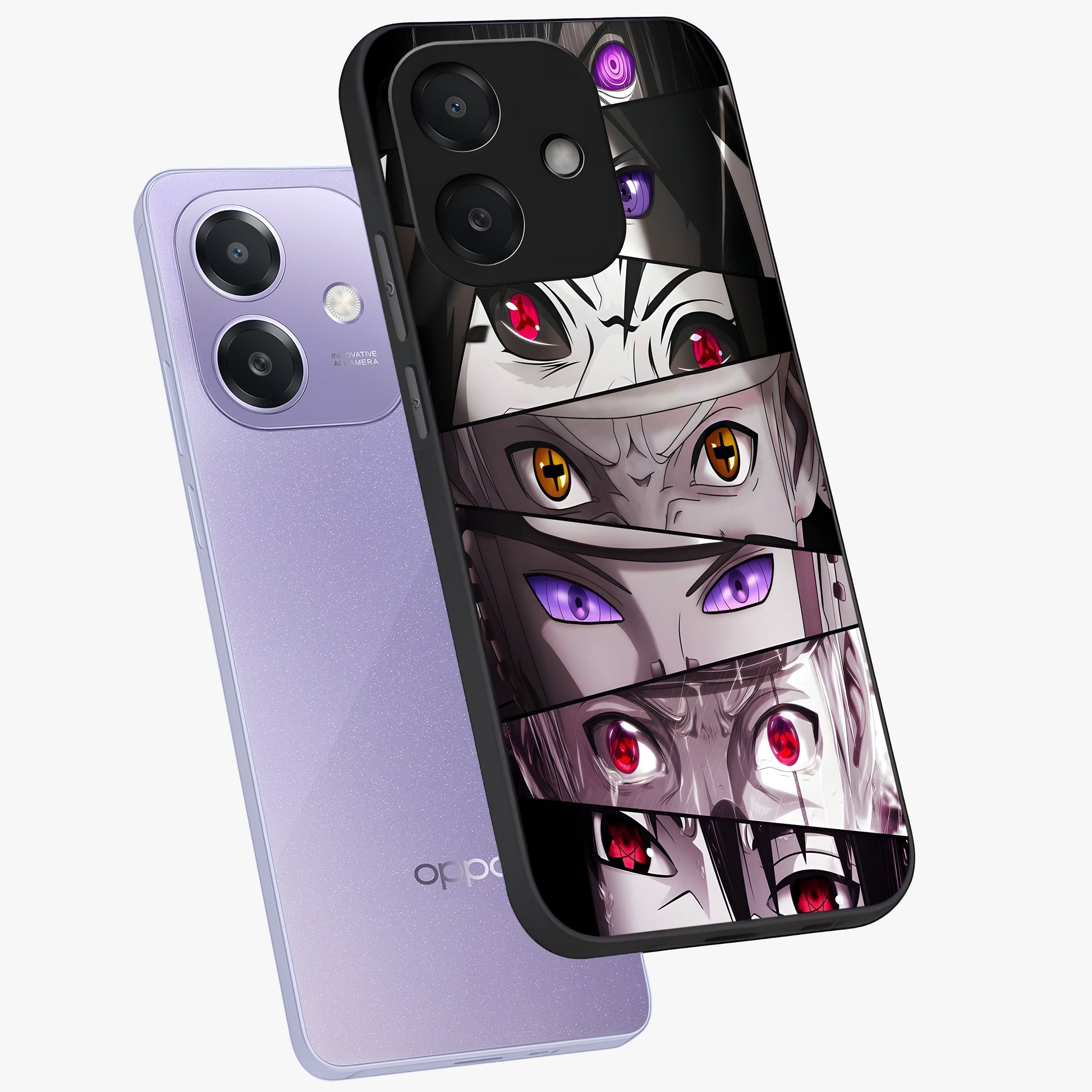 Eyes of Destiny Glass Case displayed in angled mockup highlighting bold eye illustration with mystical aesthetic style.