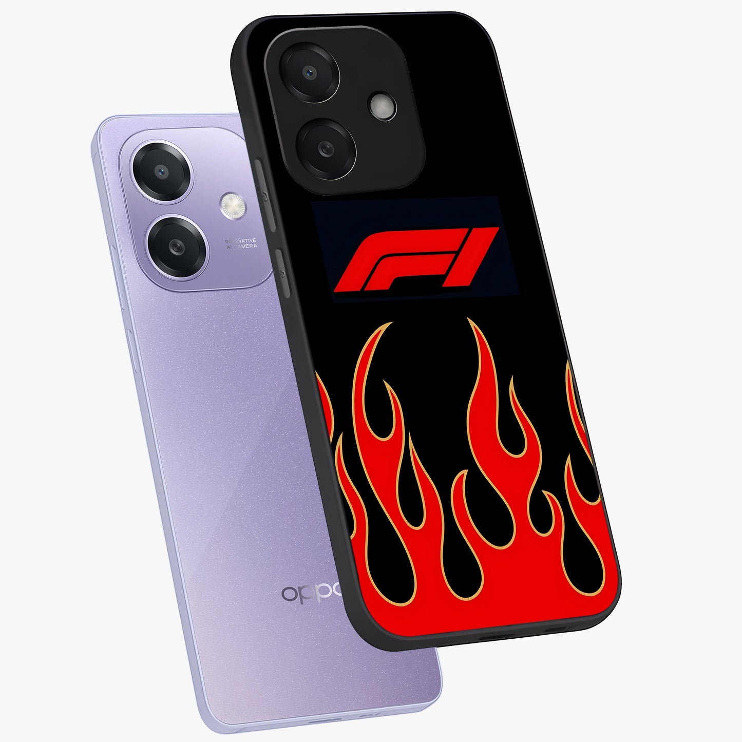 Fire F11 Glass Case displayed in angled mockup highlighting bold fire inspired graphic with energetic aesthetic style.