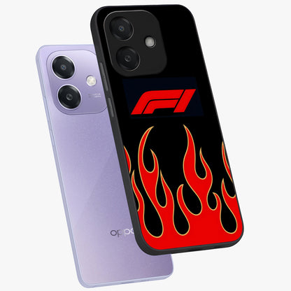 Fire F11 Glass Case displayed in angled mockup highlighting bold fire inspired graphic with energetic aesthetic style.