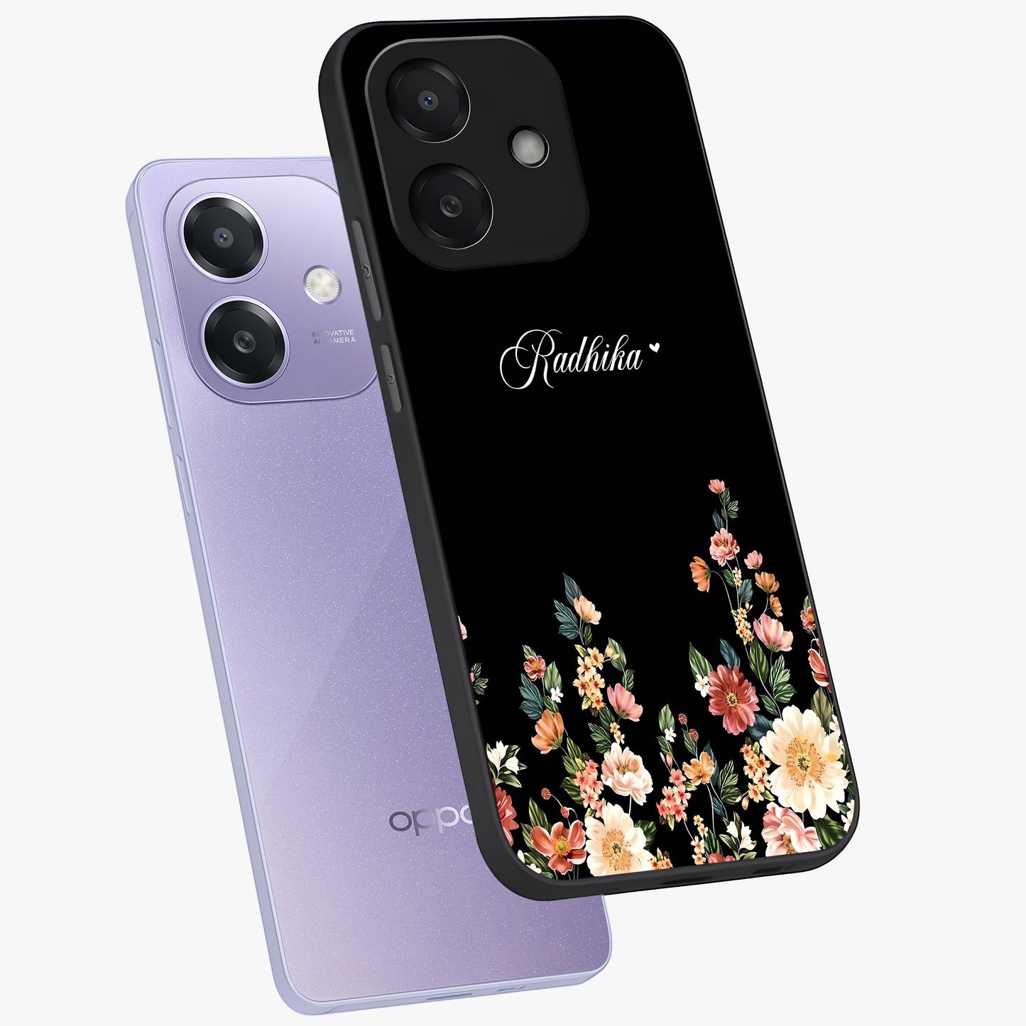Floral Design With a Custom Personalized Name Glass Case displayed in angled mockup highlighting elegant floral pattern with custom name feature.