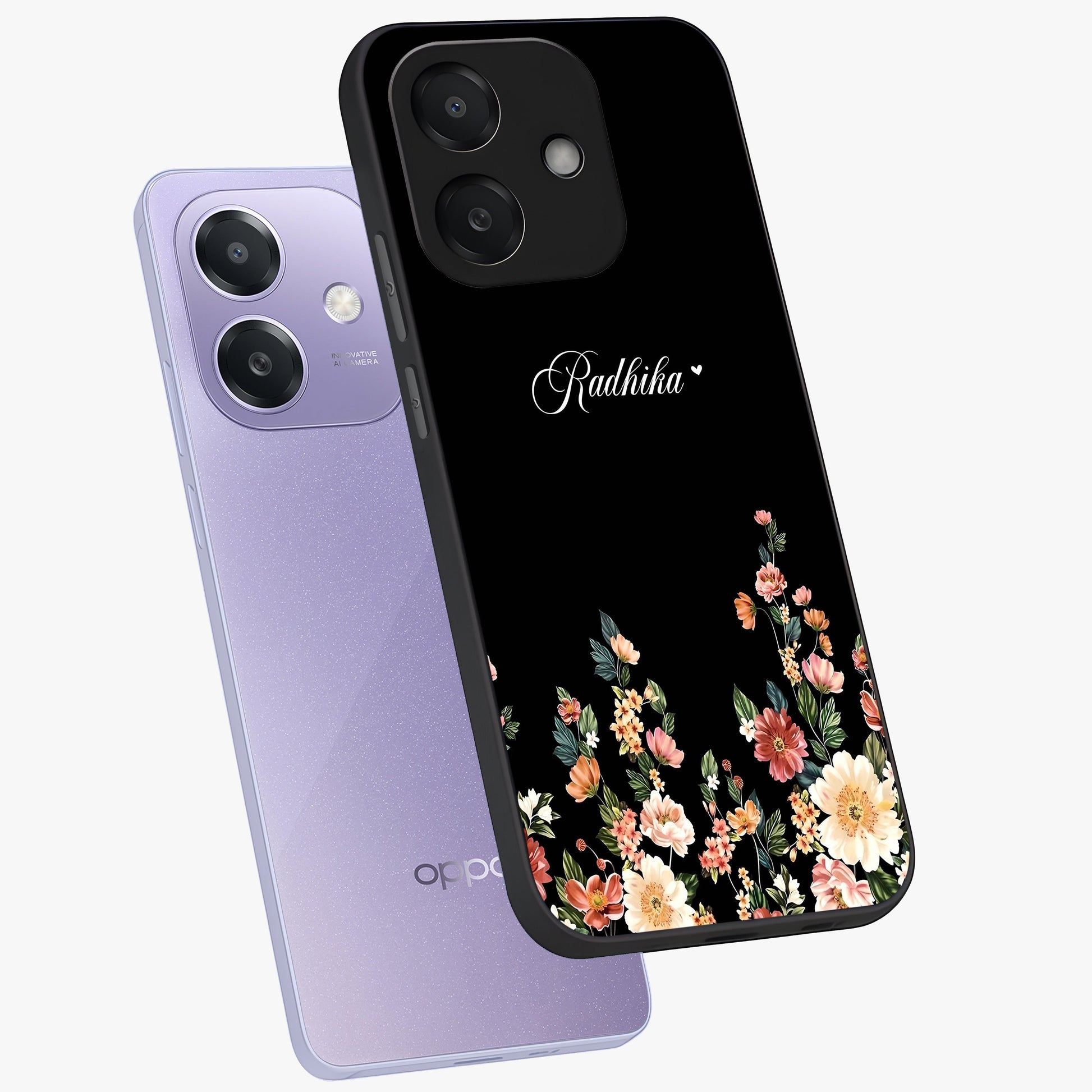 Floral Design With a Custom Personalized Name Glass Case displayed in angled mockup highlighting elegant floral pattern with custom name feature.