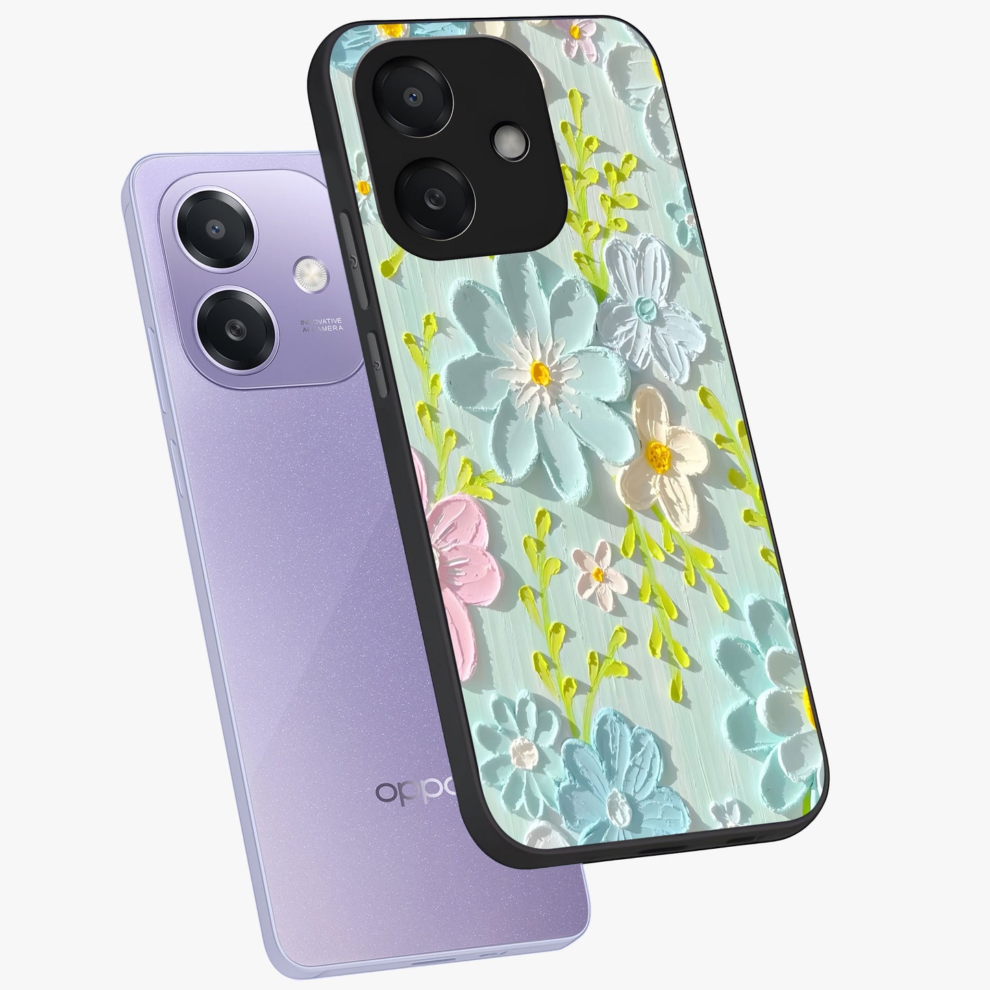 Frosted Petal Garden Glass Case displayed in angled mockup highlighting delicate flower petal design with calm garden aesthetic.