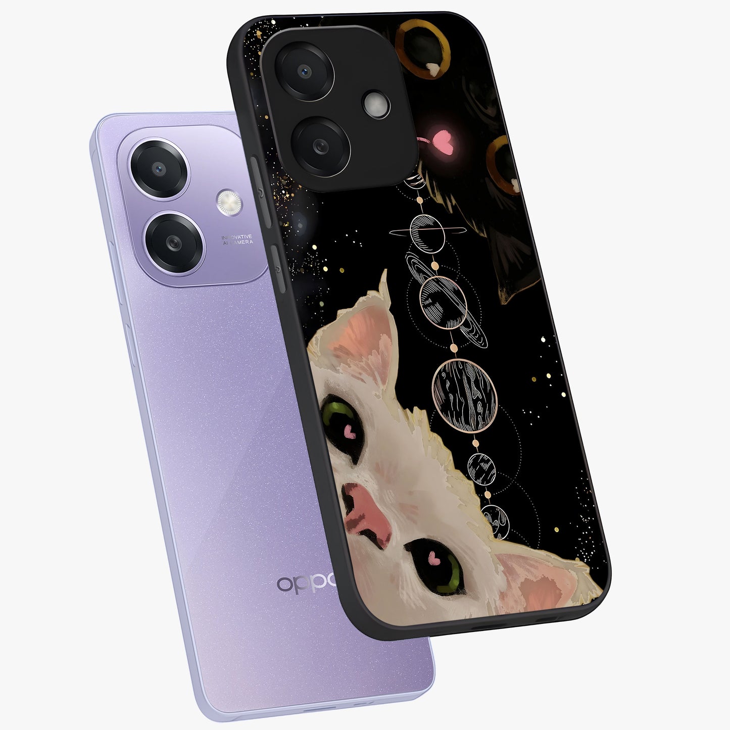 Galactic Cat Glass Case displayed in angled mockup highlighting celestial feline illustration with galaxy aesthetic style.