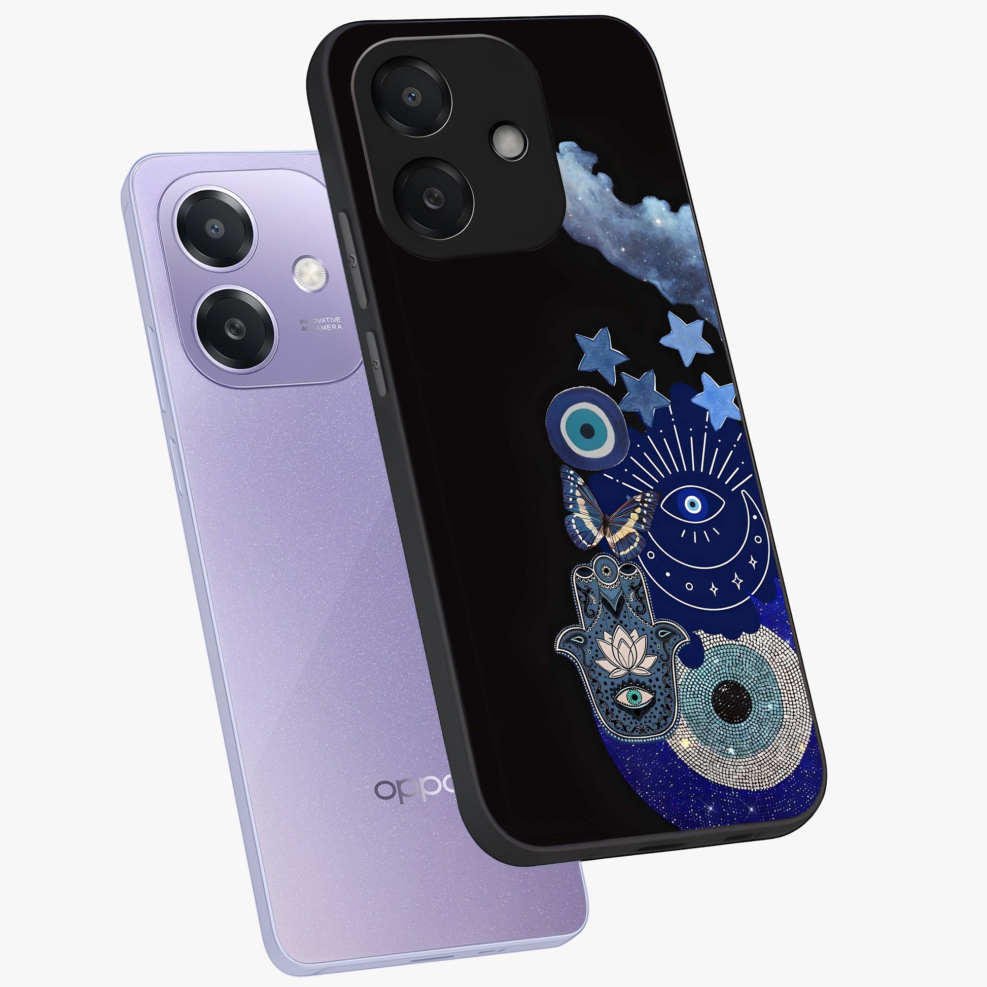 Galactic Charm Cluster Glass Case displayed in angled mockup highlighting luminous galaxy inspired design with dreamy aesthetic.