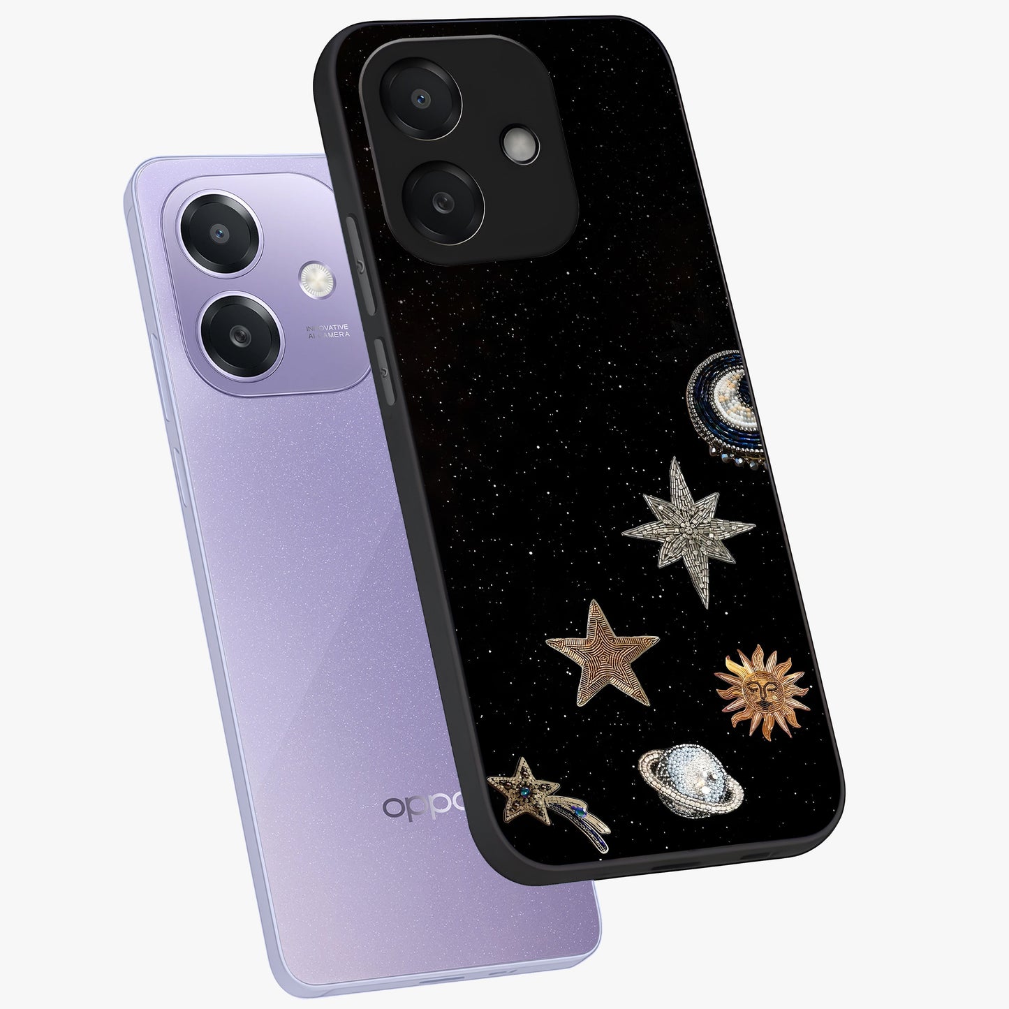 Galactic Charm Glow Glass Case displayed in angled mockup highlighting luminous galaxy inspired design with dreamy aesthetic.