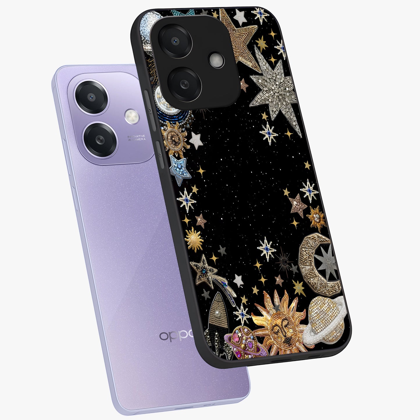 Galactic Jewel Stars Glass Case displayed in angled mockup highlighting shining celestial star design with cosmic aesthetic style.