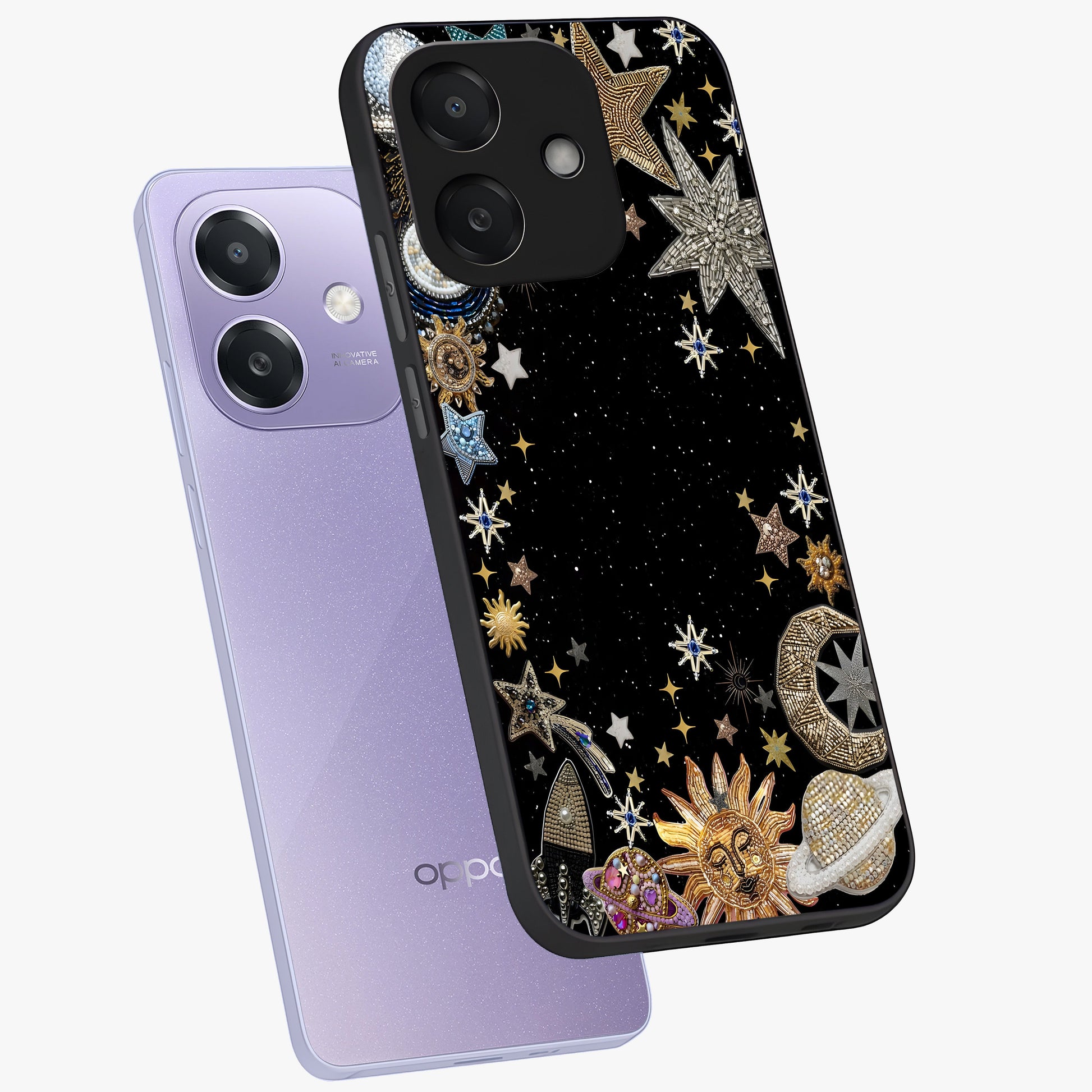 Galactic Jewel Stars Glass Case displayed in angled mockup highlighting shining celestial star design with cosmic aesthetic style.