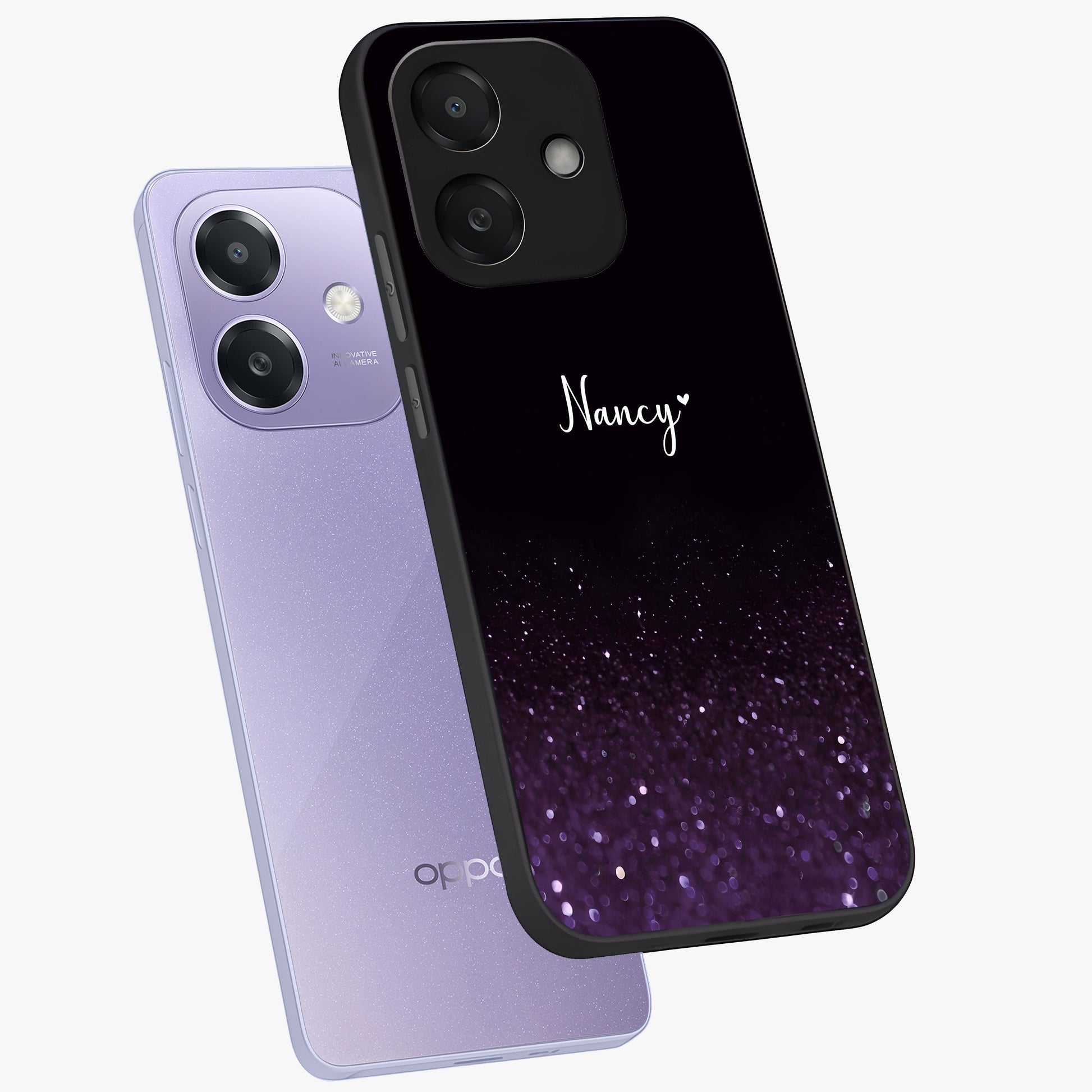 Glittery Purple Bokeh Custom Name Glass Case displayed in angled mockup highlighting glitter bokeh pattern with custom name feature.