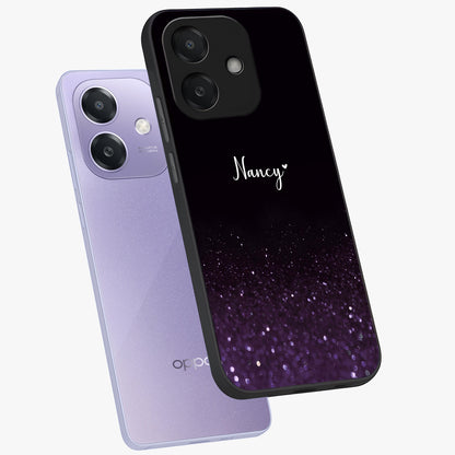 Glittery Purple Bokeh Custom Name Glass Case displayed in angled mockup highlighting glitter bokeh pattern with custom name feature.
