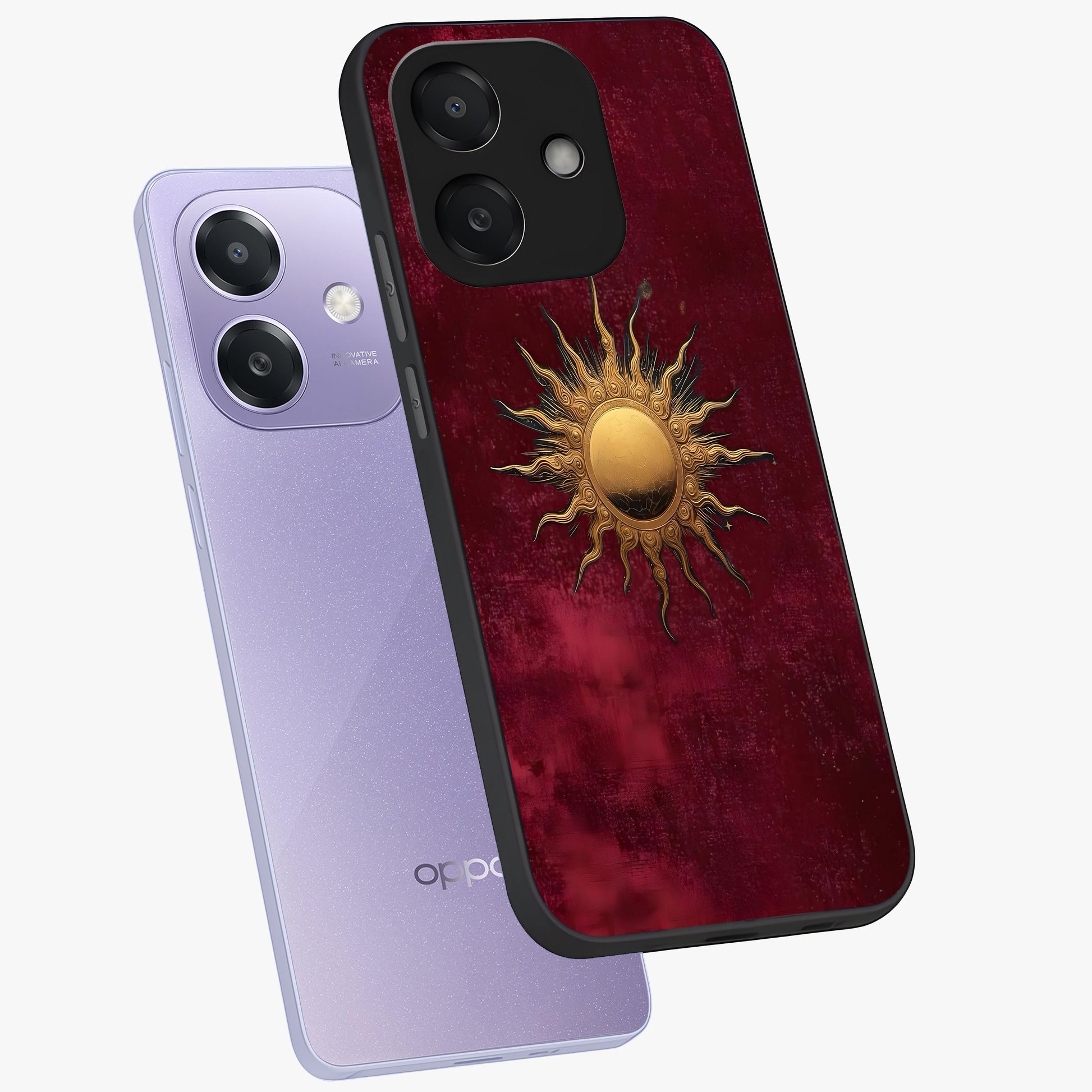 Golden Sun Minimalism Glass Case displayed in angled mockup highlighting clean sun symbol design with modern minimal aesthetic.