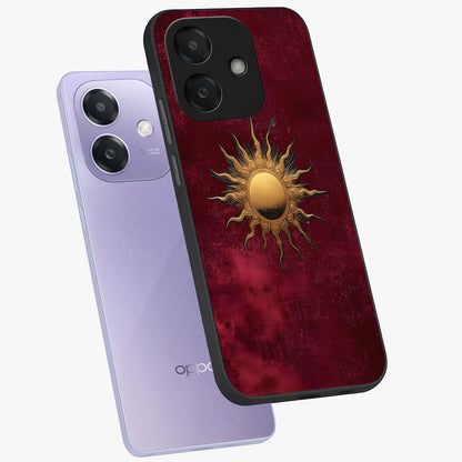 Golden Sun Minimalism Glass Case displayed in angled mockup highlighting clean sun symbol design with modern minimal aesthetic.