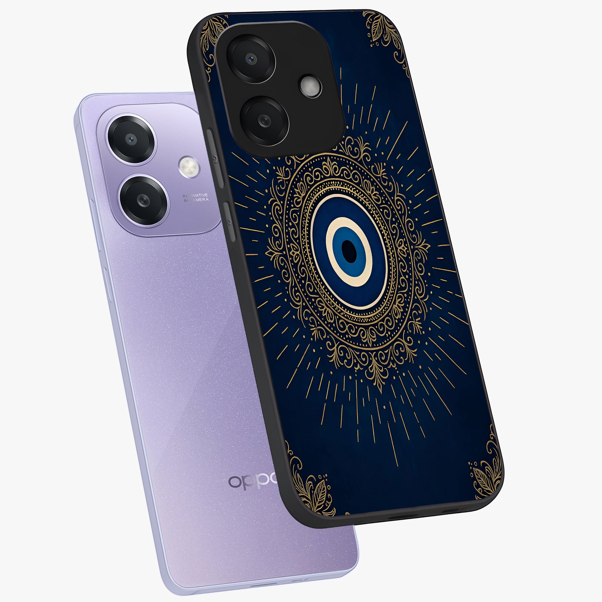 Golden Celestial Charm Glass Case displayed in angled mockup highlighting sparkling cosmic charm design with celestial aesthetic.
