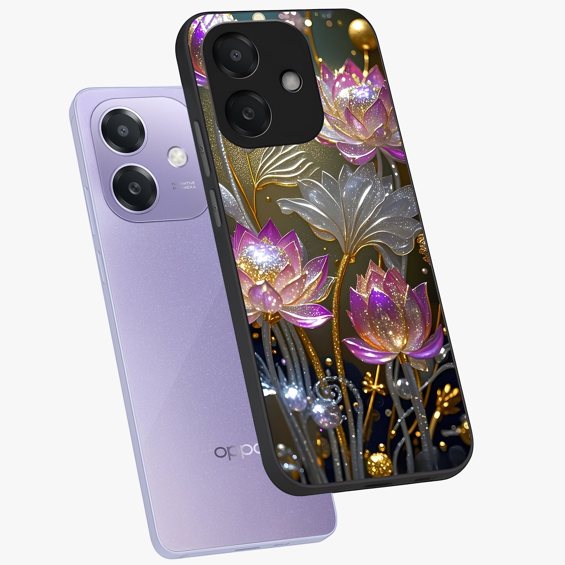 Golden Floral Majesty Glass Case displayed in angled mockup highlighting elegant flower design with royal golden aesthetic.