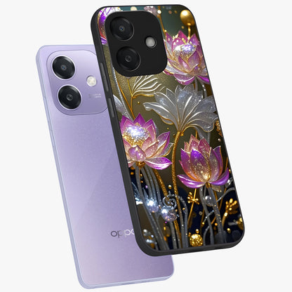 Golden Floral Majesty Glass Case displayed in angled mockup highlighting elegant flower design with royal golden aesthetic.