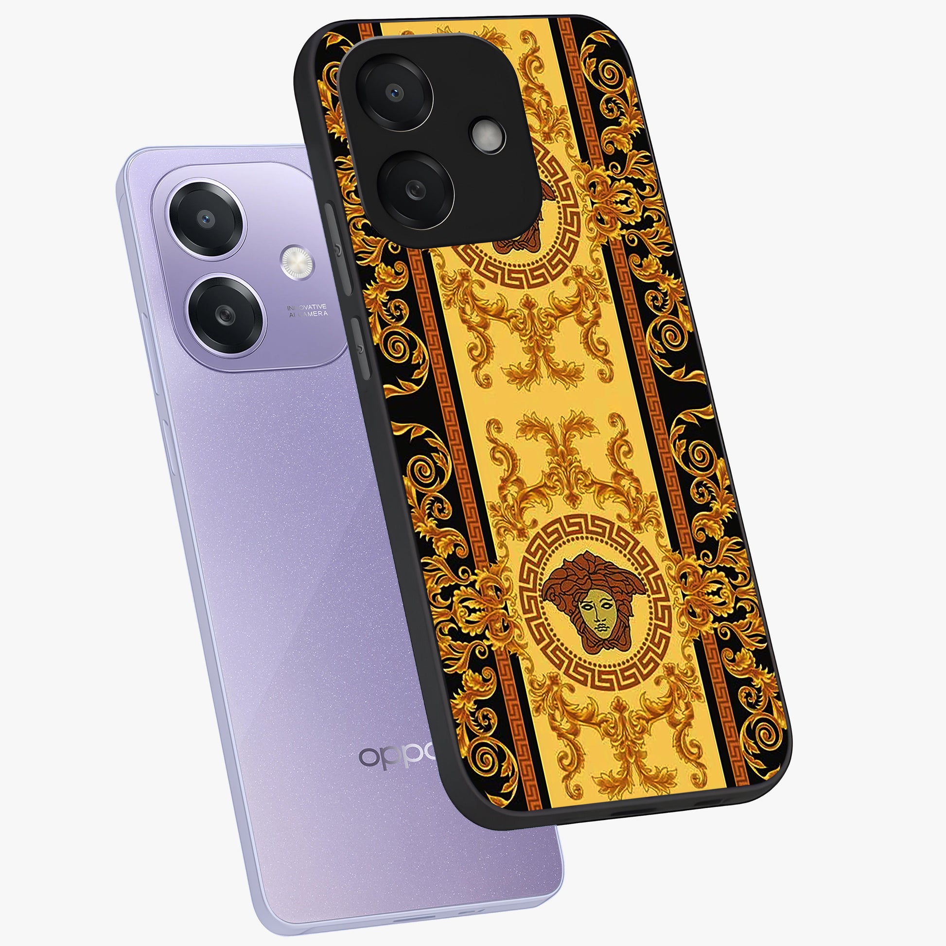 Golden Lotus Glow Glass Case displayed in angled mockup highlighting radiant lotus illustration with spiritual aesthetic.