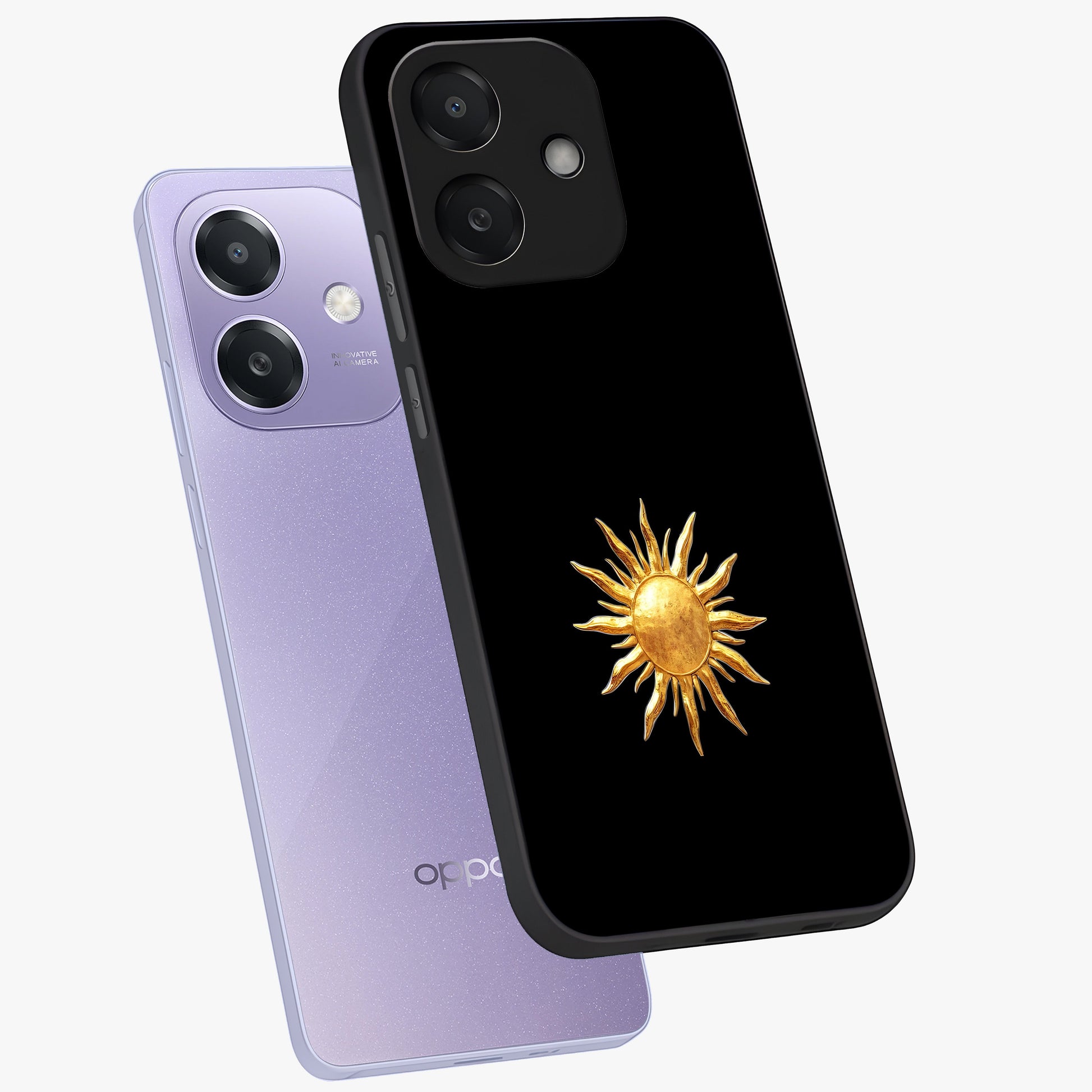 Golden Sun Minimalism Glass Case displayed in angled mockup highlighting eerie shadow illustration with gothic aesthetic.