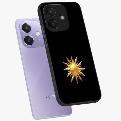 Golden Sun Minimalism Glass Case displayed in angled mockup highlighting eerie shadow illustration with gothic aesthetic.