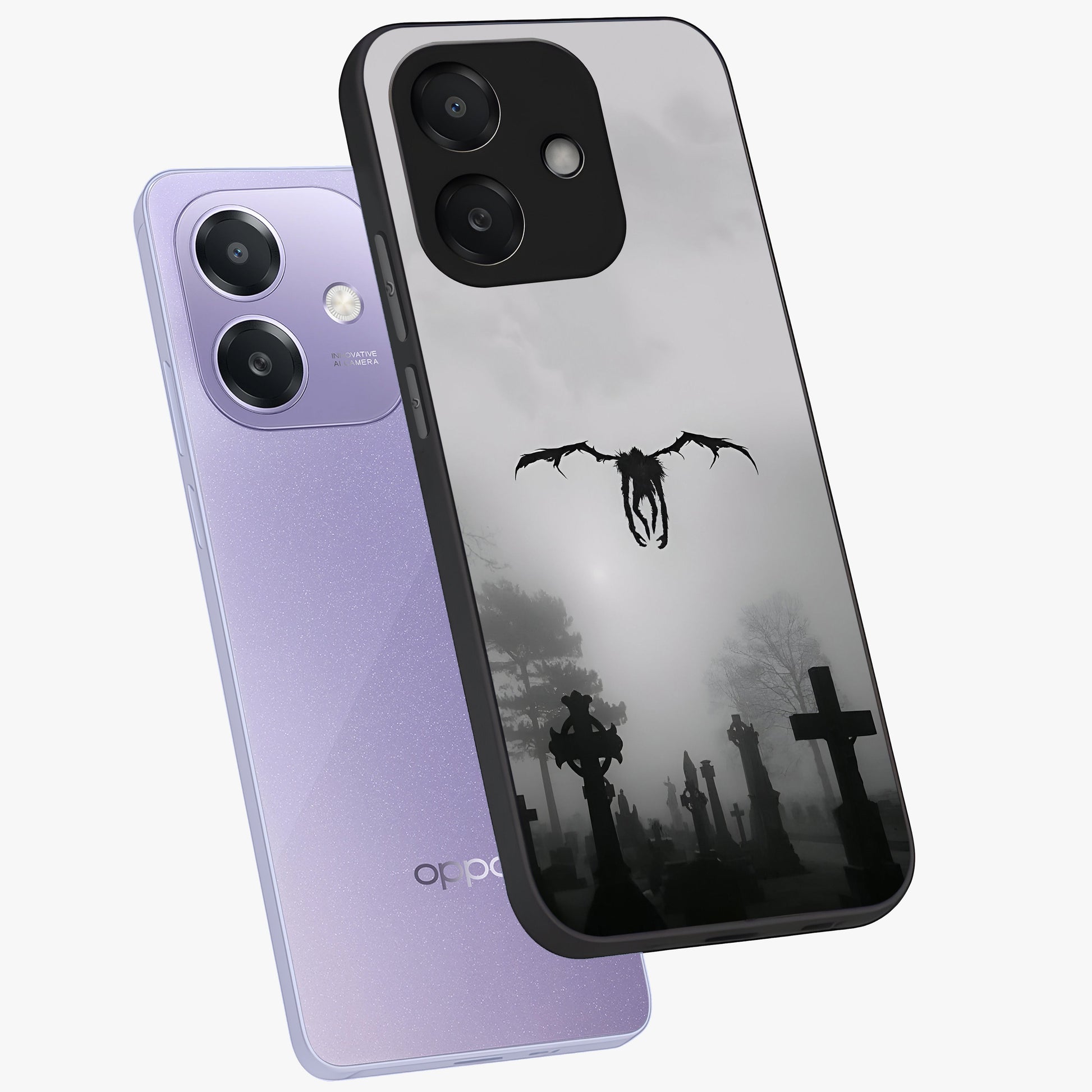 Graveyard Shadow Descent Glass Case displayed in angled mockup highlighting eerie shadow illustration with gothic aesthetic.